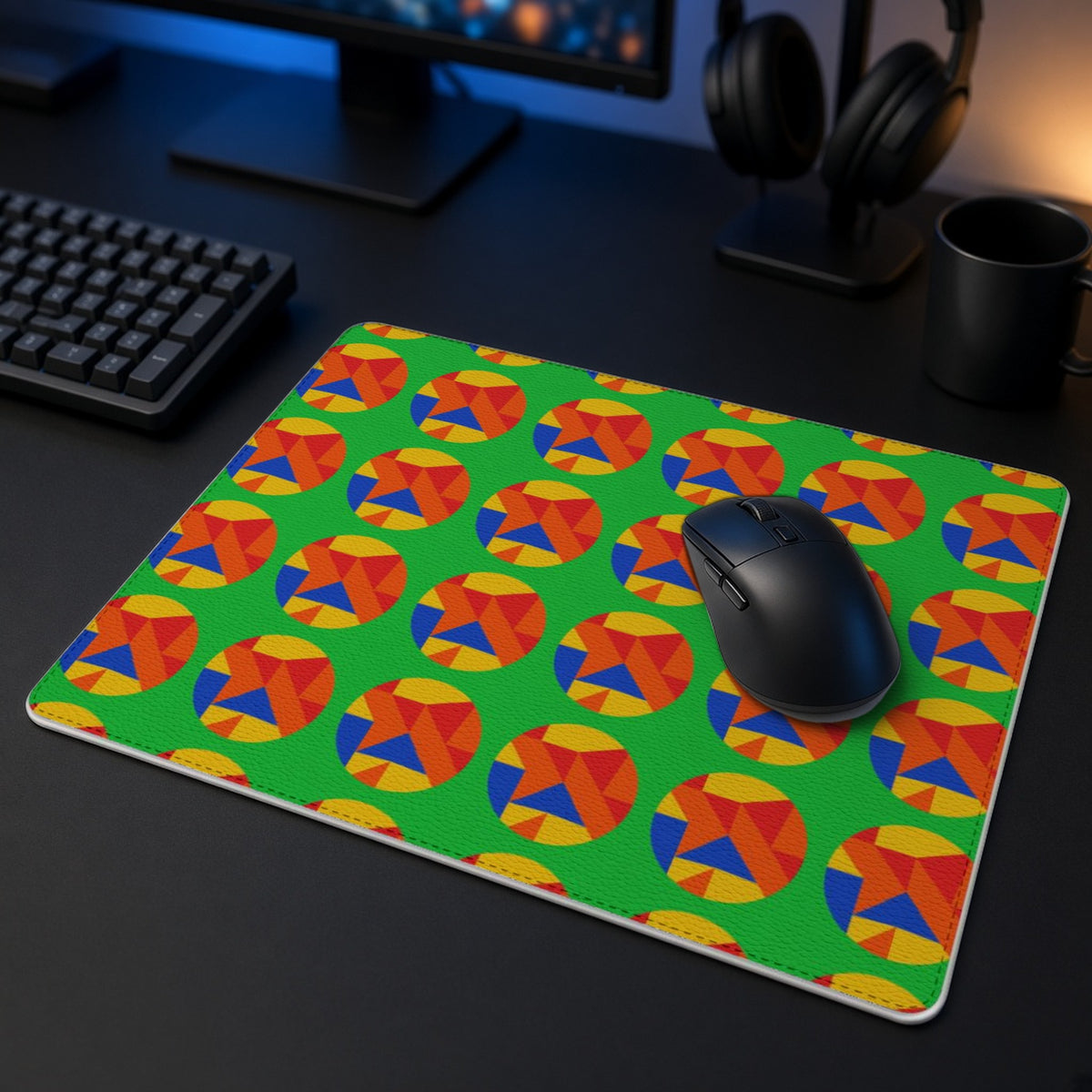 Broken Circle Planes vegan leather mouse mat in a dark gaming desk setup with headphones