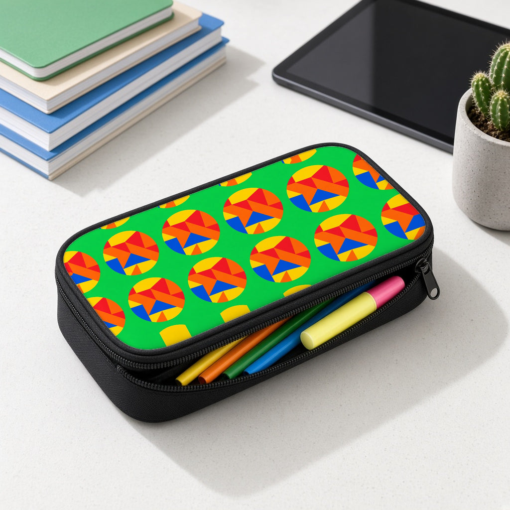 Broken Circle Planes pencil case open with colourful pens and highlighters on a white desk