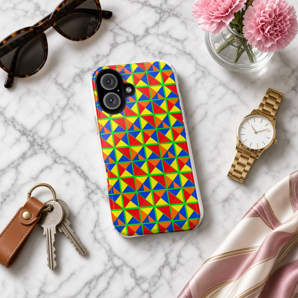 Split Square Fiesta tough phone case on white marble with a watch, keys and sunglasses