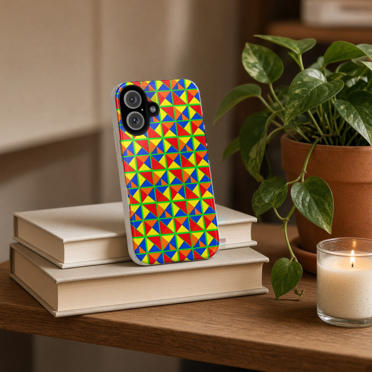 Split Square Fiesta tough phone case propped on a stack of books beside a plant and candle