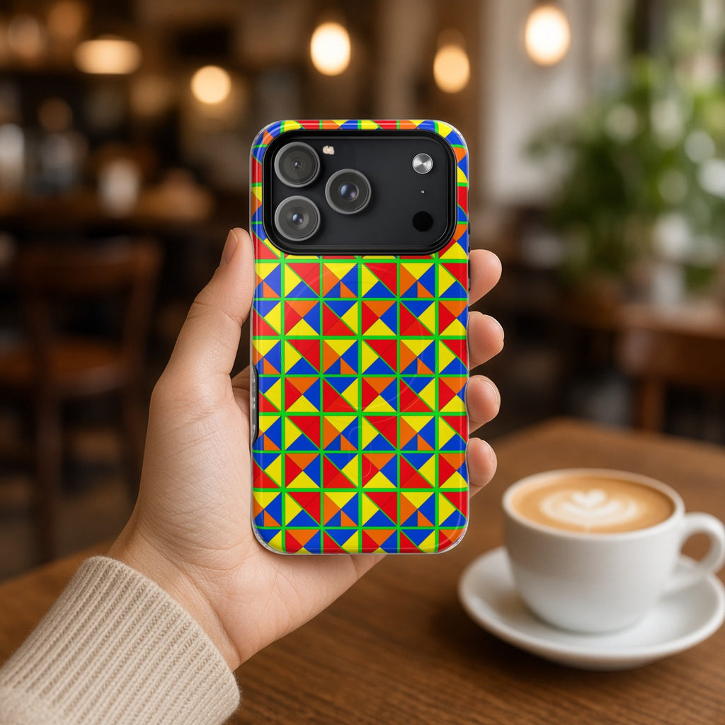 Hand holding the Split Square Fiesta magnetic iPhone case in a cafe beside a latte