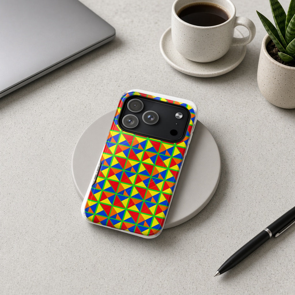 Split Square Fiesta magnetic iPhone case on a wireless charging pad on a grey desk