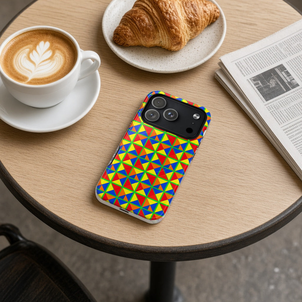 Split Square Fiesta magnetic iPhone case on a cafe table with a latte, croissant and newspaper
