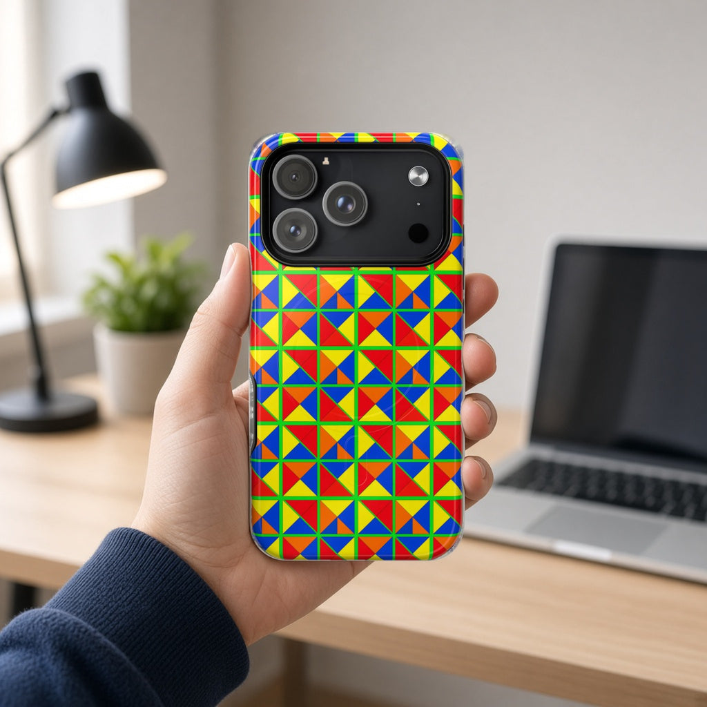 Hand holding the Split Square Fiesta magnetic iPhone case at a home office desk
