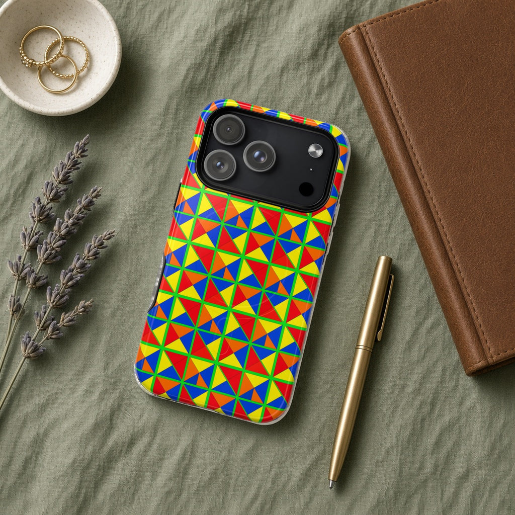 Split Square Fiesta magnetic iPhone case flat lay on sage linen with a notebook and pen