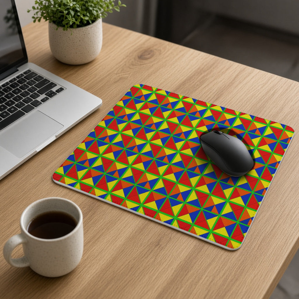 Split Square Fiesta vegan leather mouse mat on an oak desk with a laptop, mouse and coffee