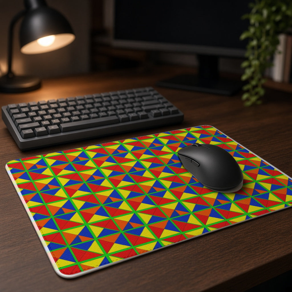 Split Square Fiesta vegan leather mouse mat on a dark wood desk with keyboard and lamp