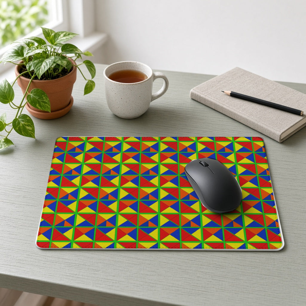 Split Square Fiesta vegan leather mouse mat on a sage-green desk with a plant, tea and notebook