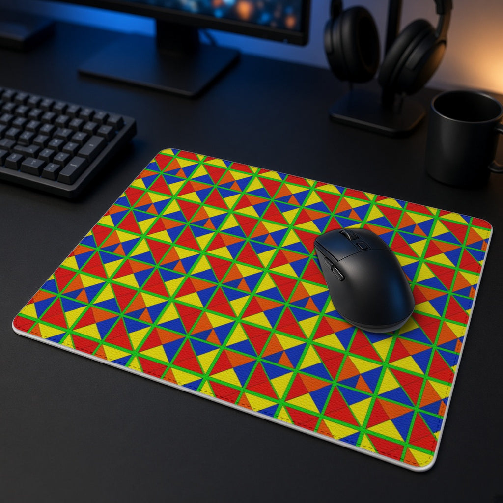 Split Square Fiesta vegan leather mouse mat in a dark gaming desk setup with headphones