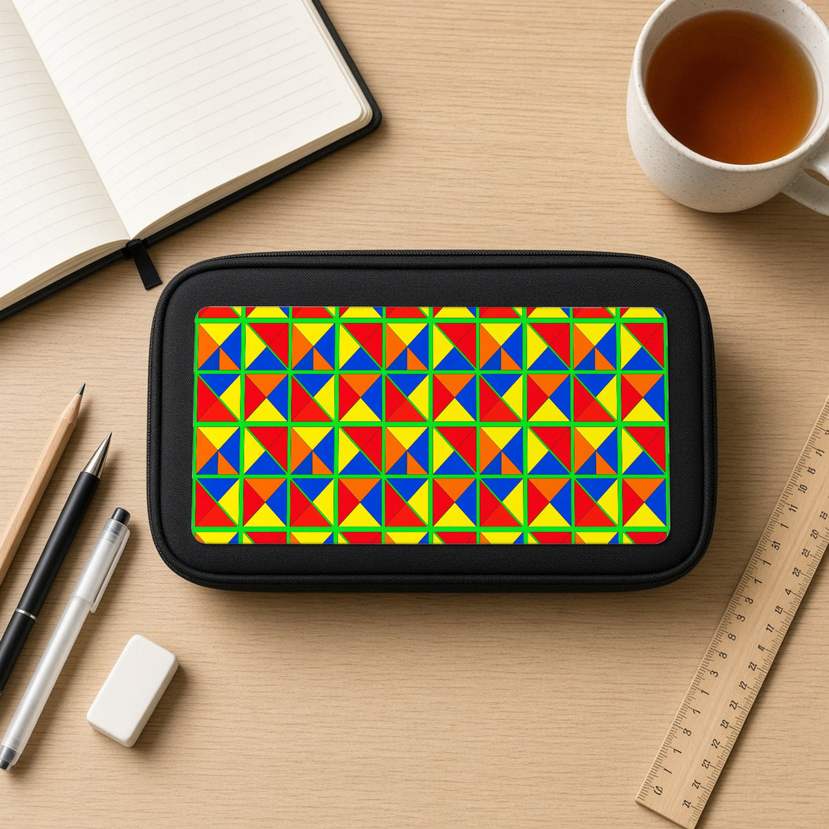 Split Square Fiesta pencil case on a wooden desk with notebook, pens and a cup of tea