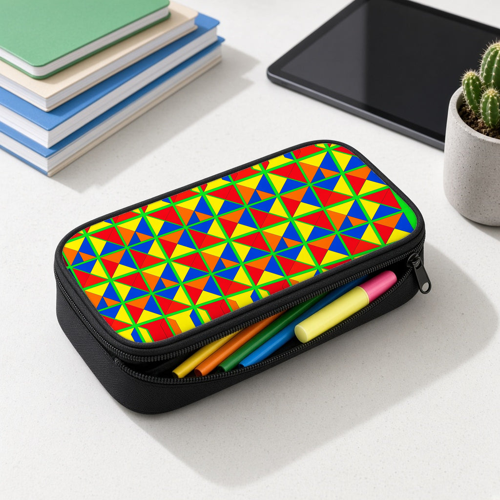 Split Square Fiesta pencil case open with colourful pens and highlighters on a white desk