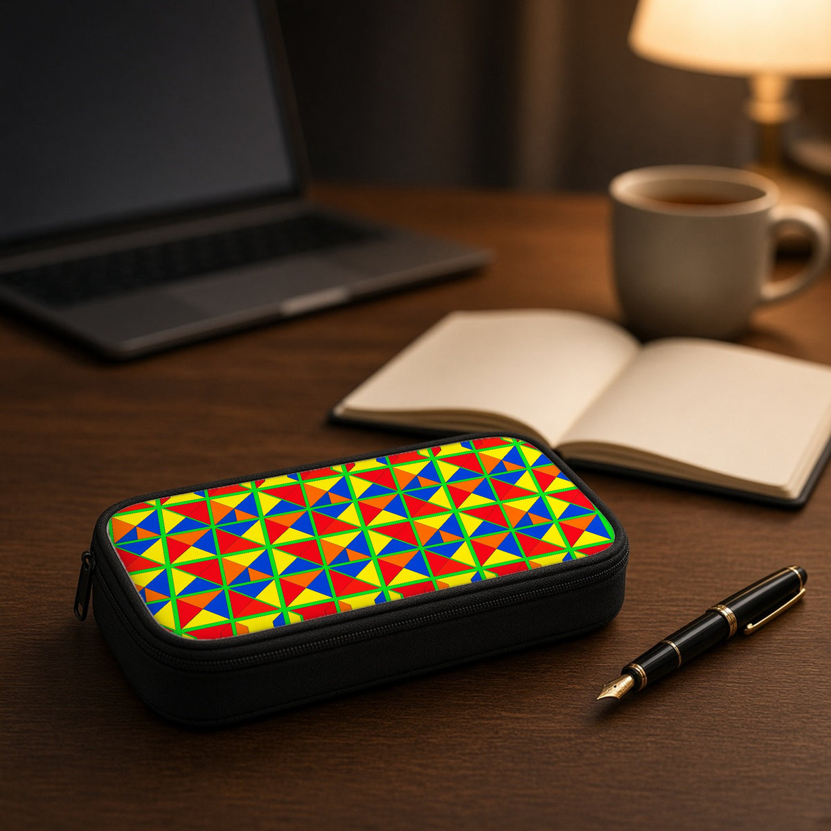 Split Square Fiesta pencil case on a wooden desk beside an open notebook and fountain pen