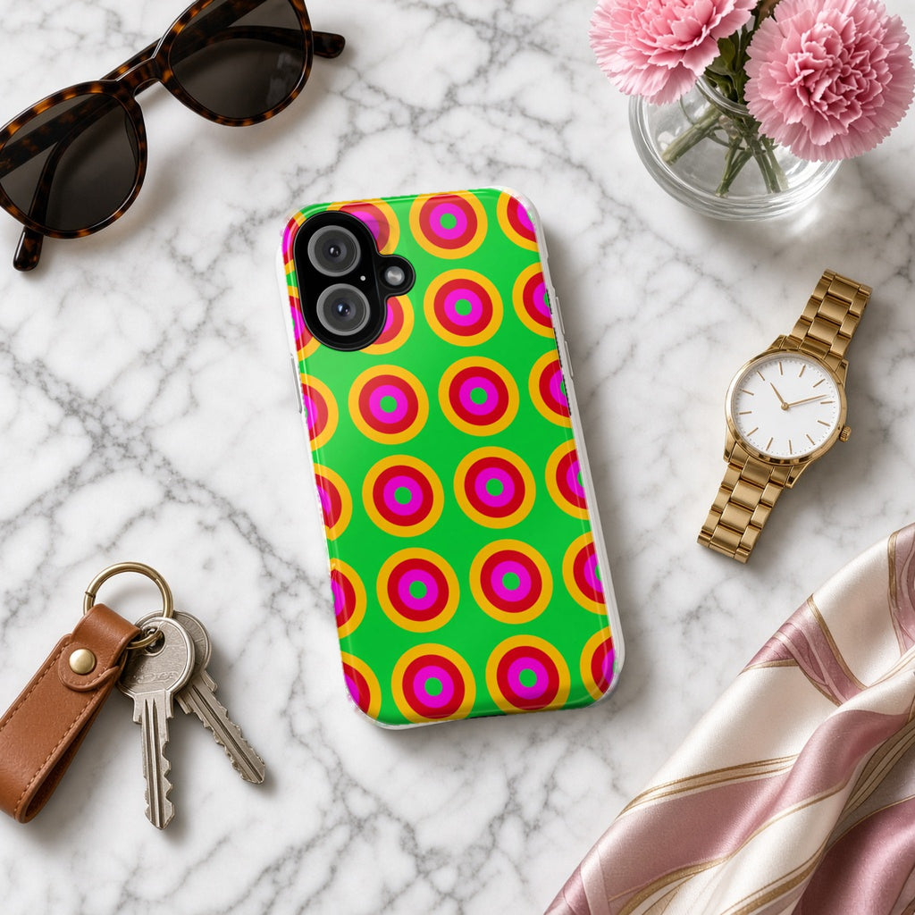 Giant Op-Art Jewel Rings tough phone case on white marble with a watch, keys and sunglasses