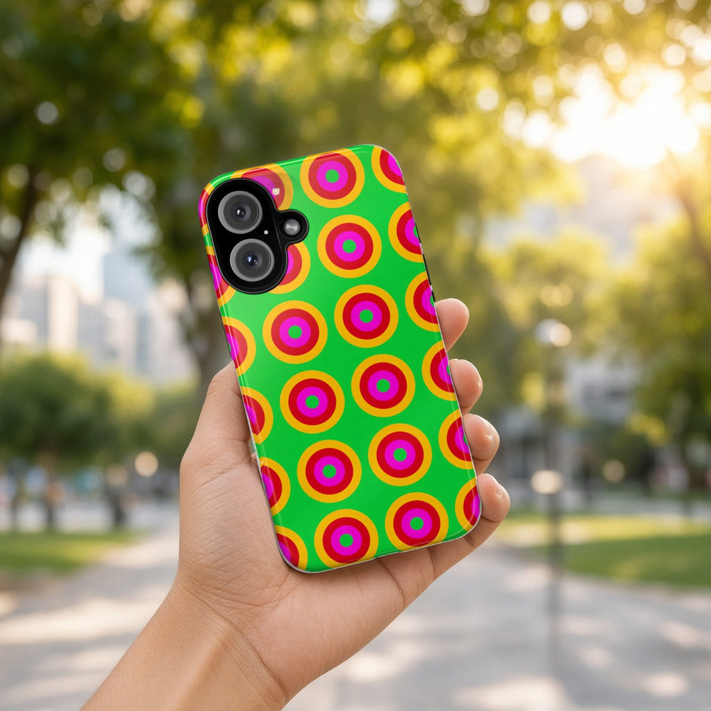 Hand holding the Giant Op-Art Jewel Rings tough phone case outdoors in a sunny park