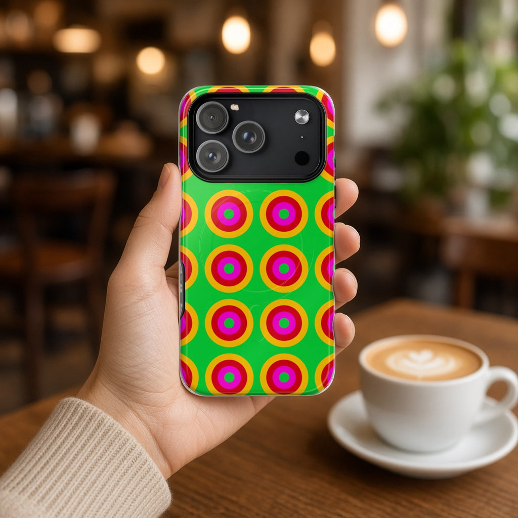 Hand holding the Giant Op-Art Jewel Rings magnetic iPhone case in a cafe beside a latte