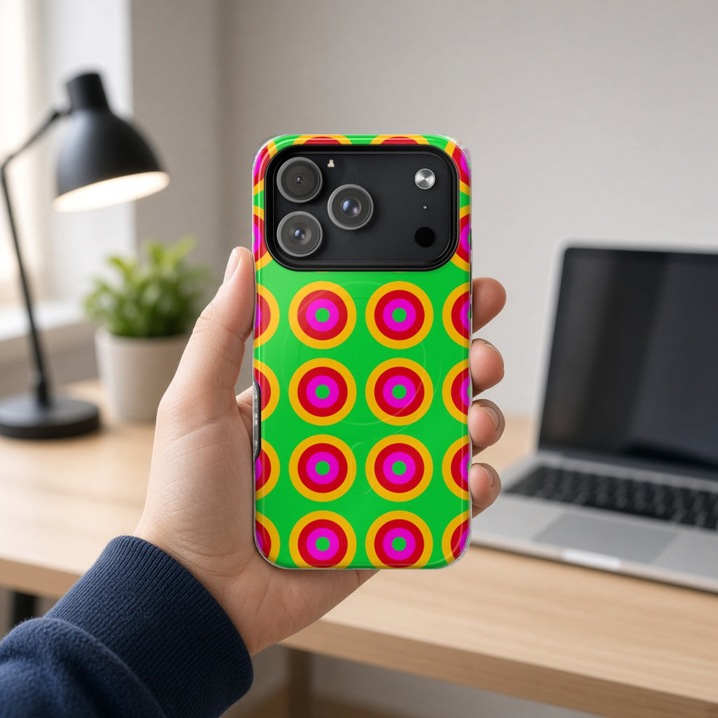Hand holding the Giant Op-Art Jewel Rings magnetic iPhone case at a home office desk