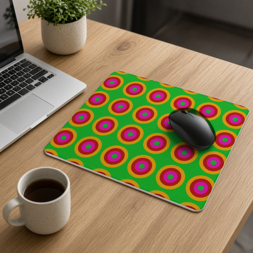 Giant Op-Art Jewel Rings vegan leather mouse mat on an oak desk with a laptop, mouse and coffee