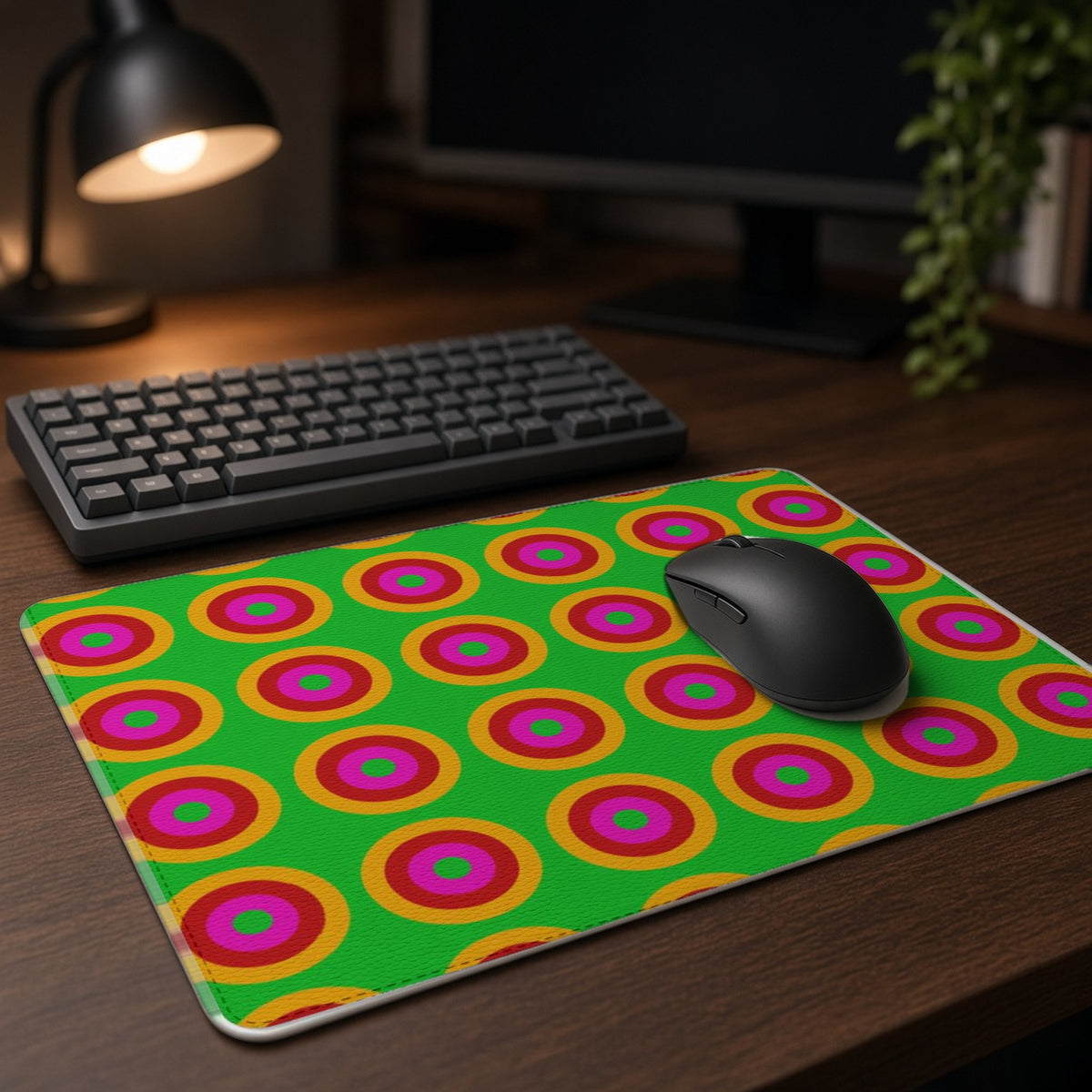 Giant Op-Art Jewel Rings vegan leather mouse mat on a dark wood desk with keyboard and lamp