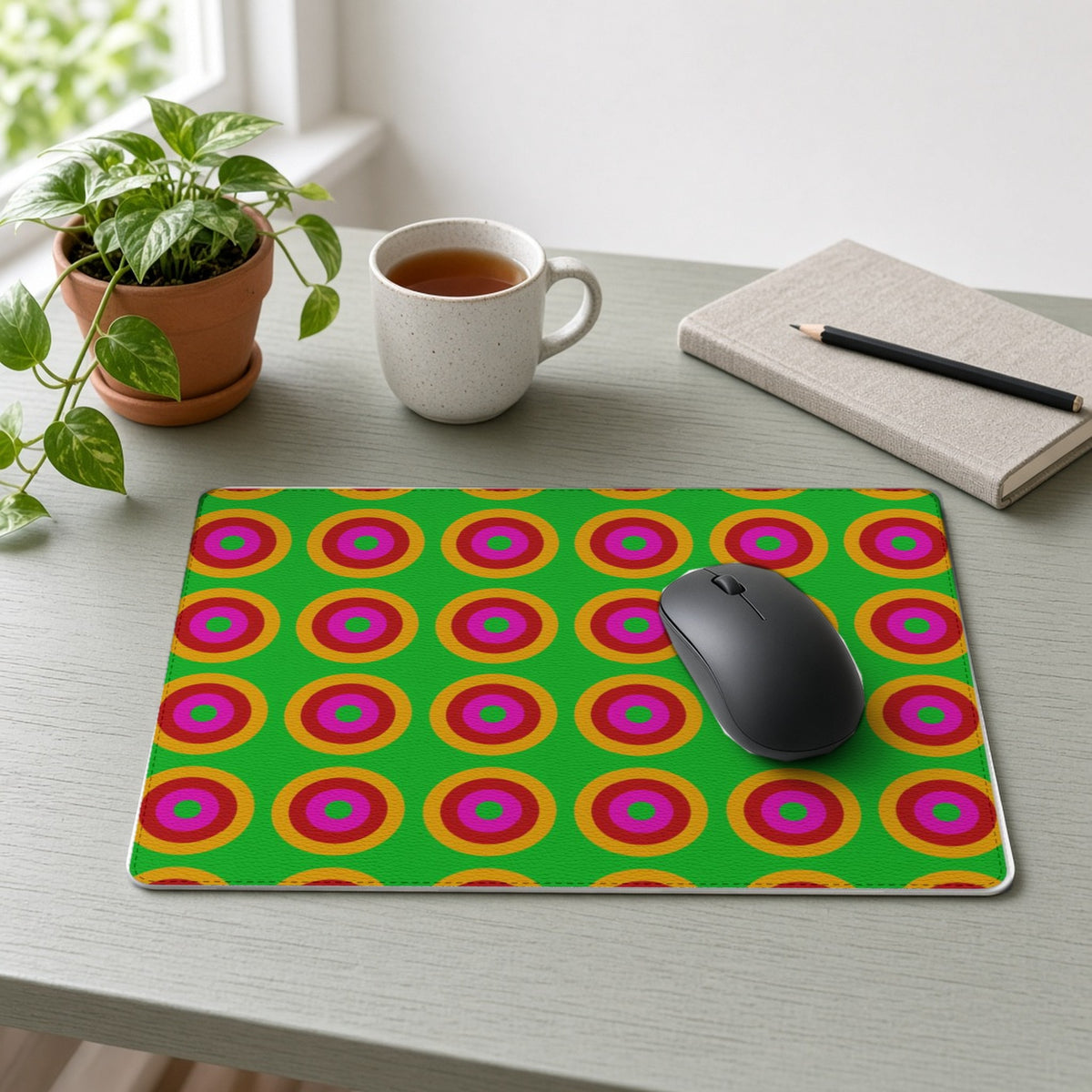 Giant Op-Art Jewel Rings vegan leather mouse mat on a sage-green desk with a plant, tea and notebook