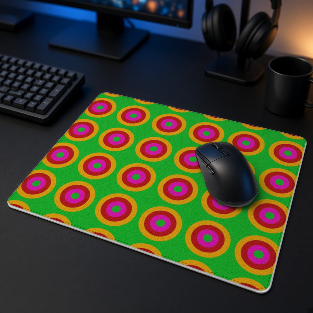 Giant Op-Art Jewel Rings vegan leather mouse mat in a dark gaming desk setup with headphones