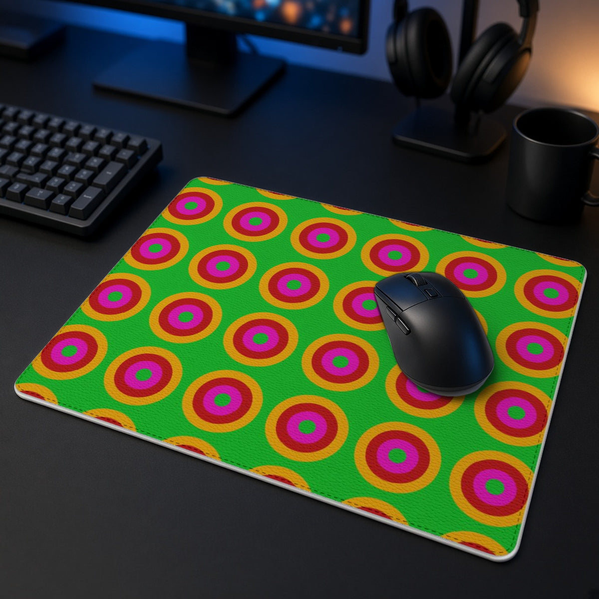 Giant Op-Art Jewel Rings vegan leather mouse mat in a dark gaming desk setup with headphones