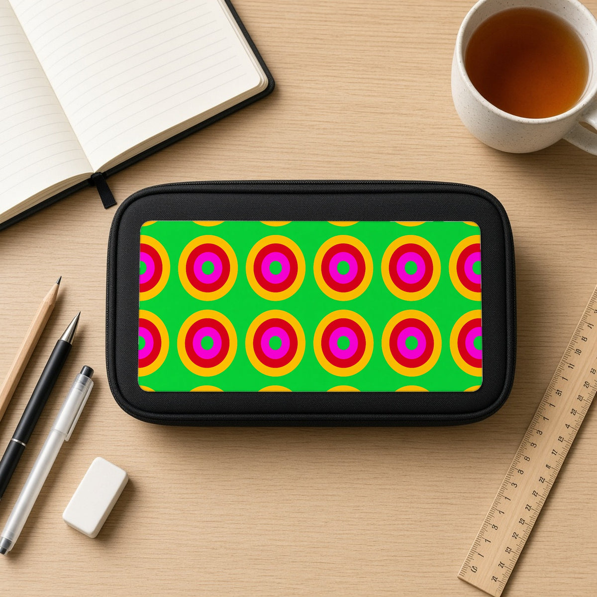 Giant Op-Art Jewel Rings pencil case on a wooden desk with notebook, pens and a cup of tea