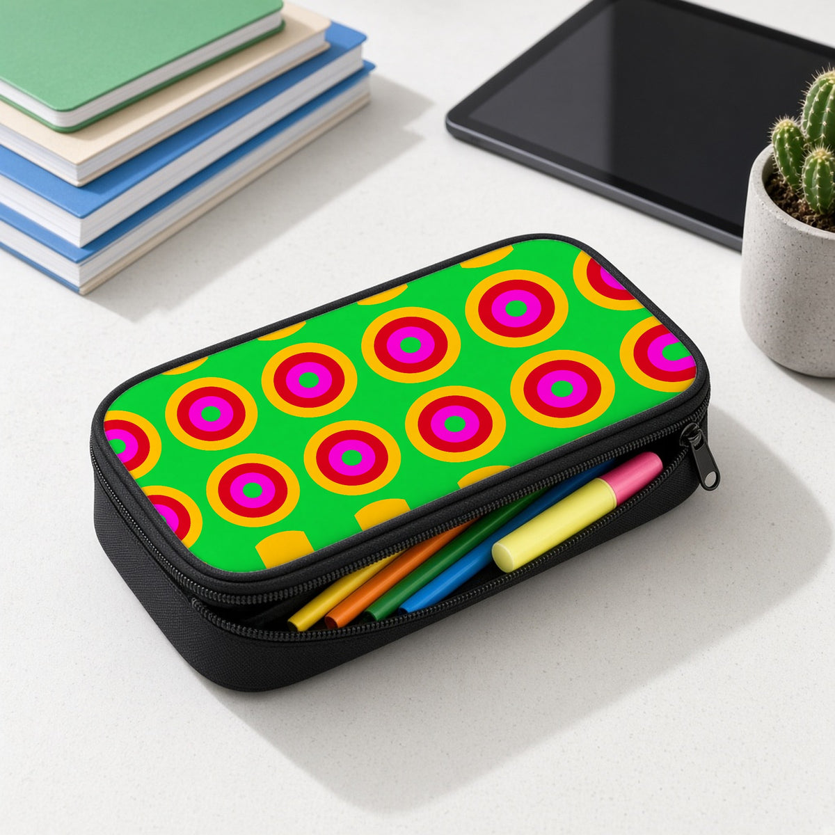 Giant Op-Art Jewel Rings pencil case open with colourful pens and highlighters on a white desk