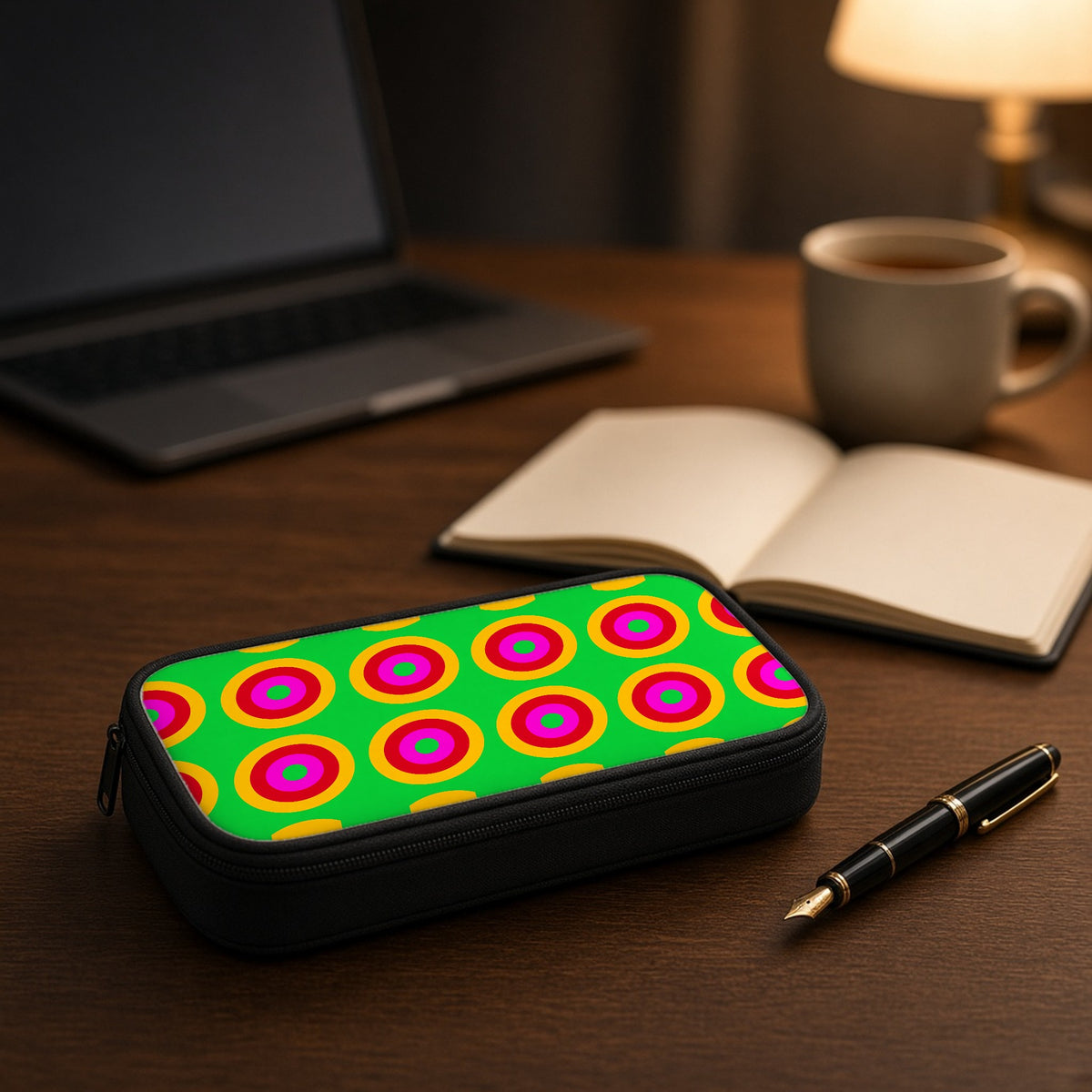 Giant Op-Art Jewel Rings pencil case on a wooden desk beside an open notebook and fountain pen