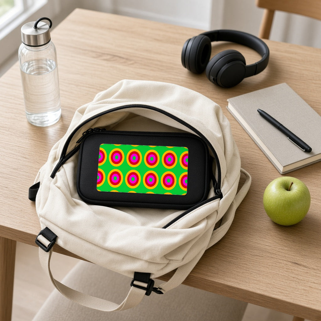 Giant Op-Art Jewel Rings pencil case packed in a school backpack with headphones and an apple
