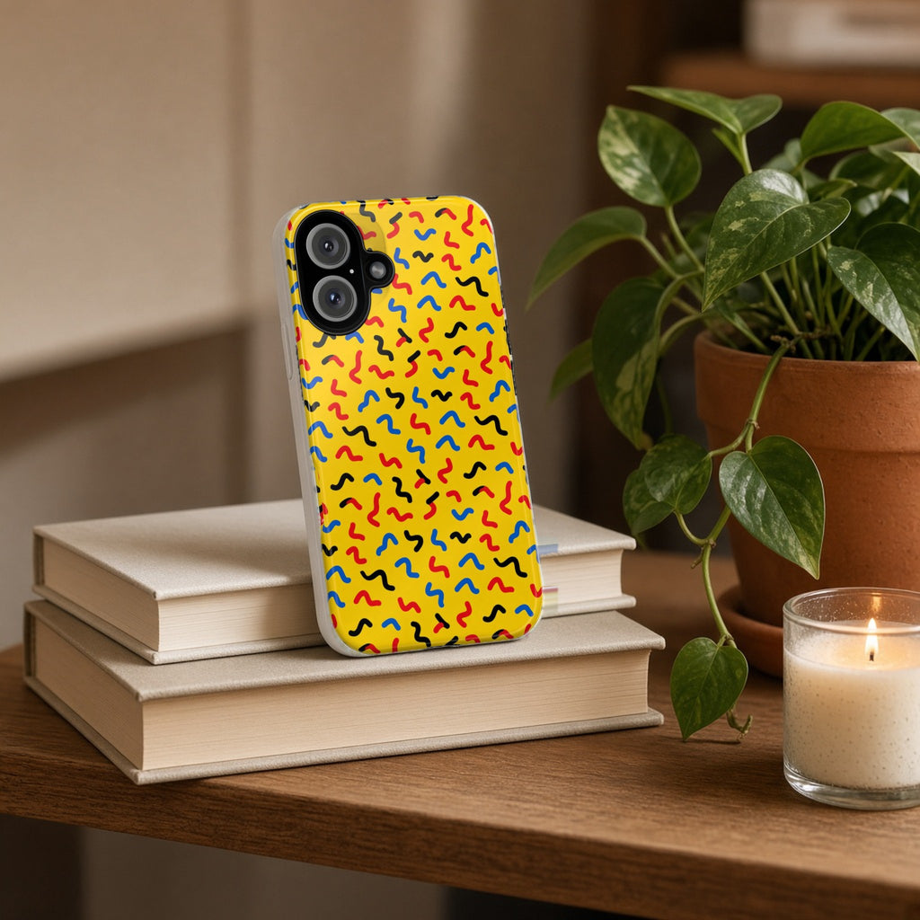 Squiggle Strokes Yellow tough phone case propped on a stack of books beside a plant and candle