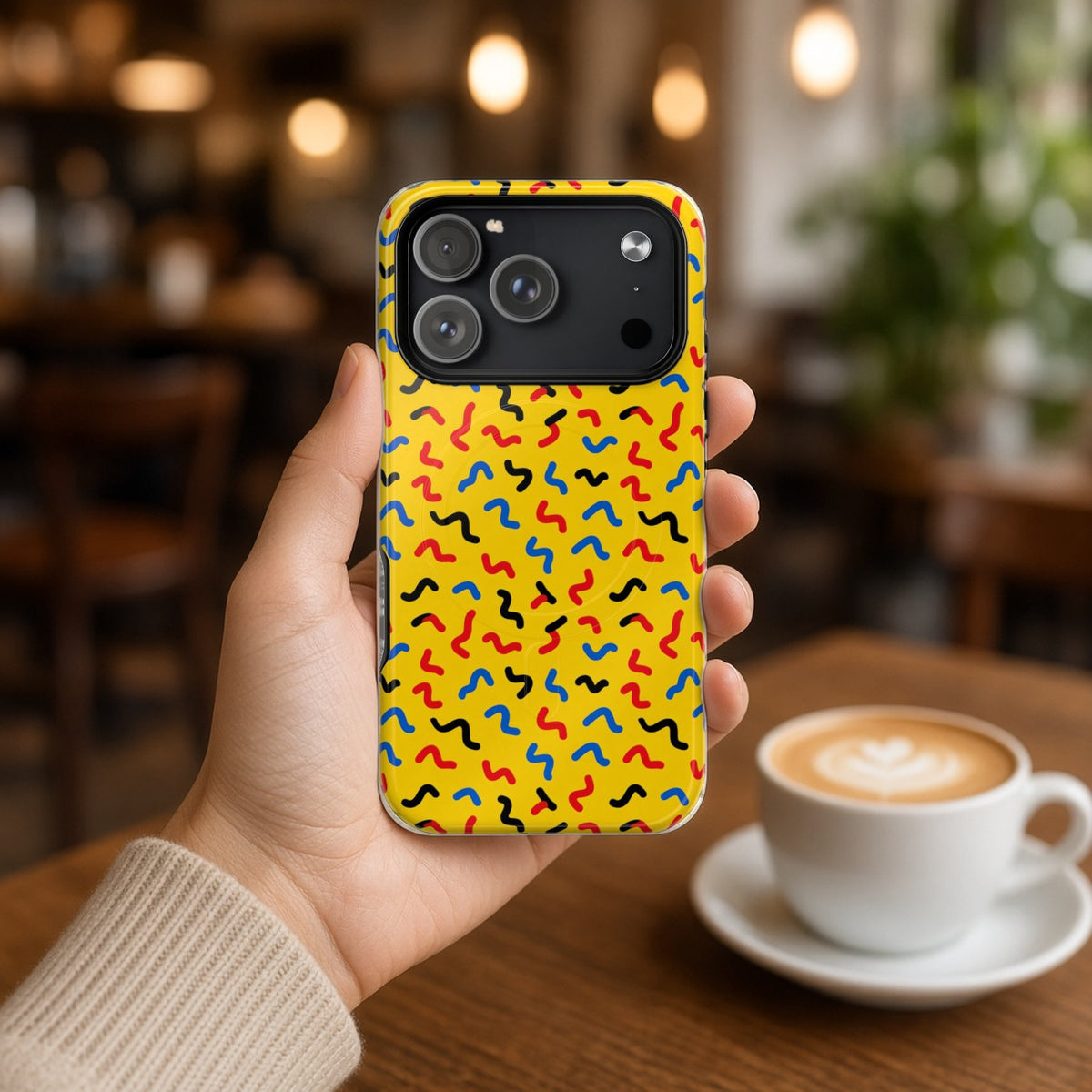 Hand holding the Squiggle Strokes Yellow magnetic iPhone case in a cafe beside a latte