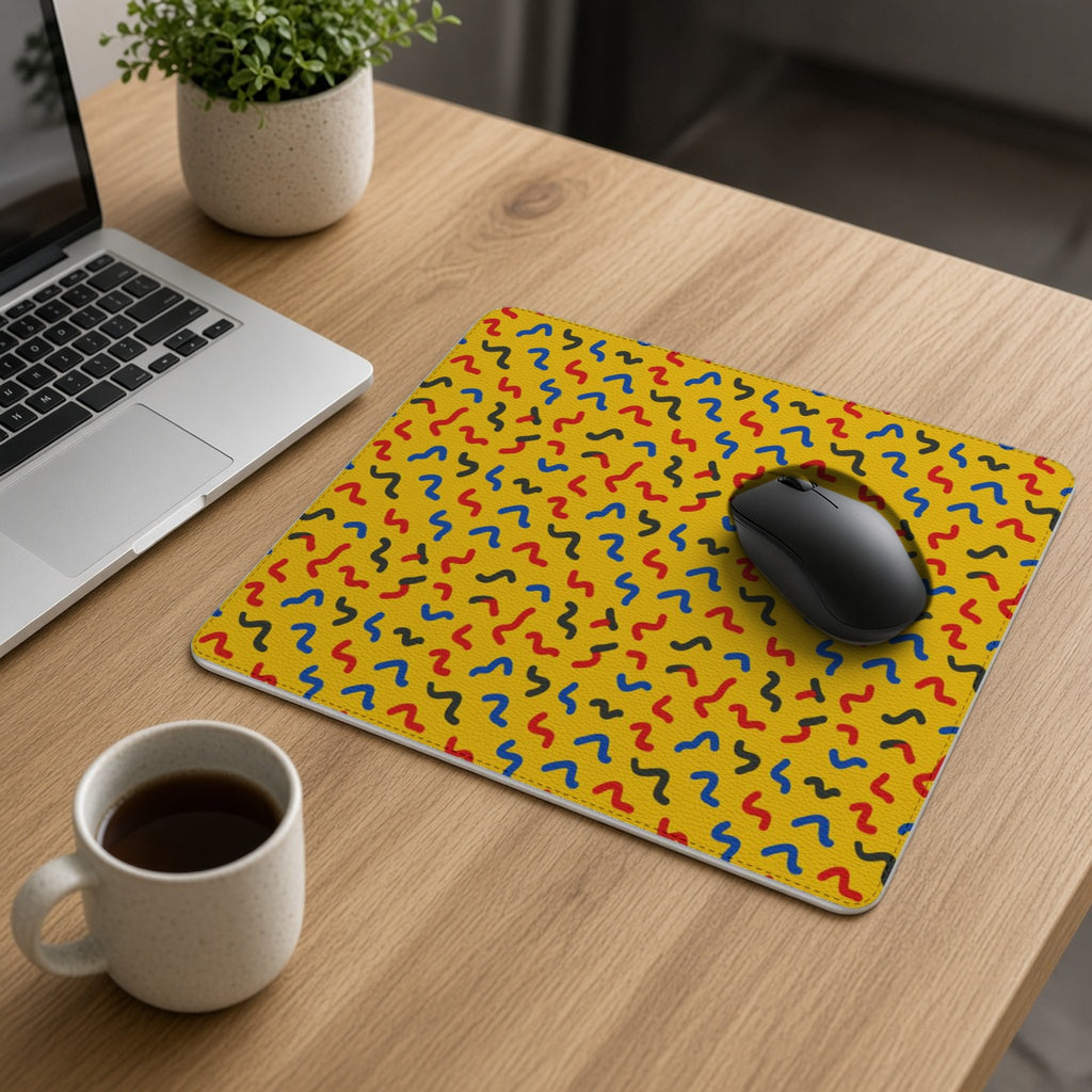 Squiggle Strokes Yellow vegan leather mouse mat on an oak desk with a laptop, mouse and coffee