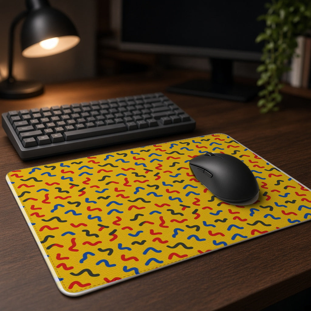 Squiggle Strokes Yellow vegan leather mouse mat on a dark wood desk with keyboard and lamp