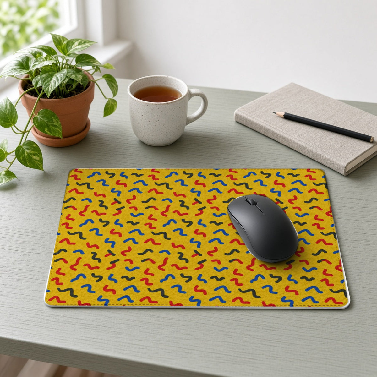 Squiggle Strokes Yellow vegan leather mouse mat on a sage-green desk with a plant, tea and notebook
