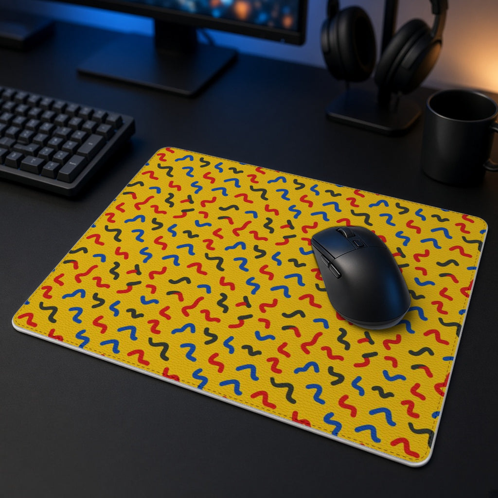 Squiggle Strokes Yellow vegan leather mouse mat in a dark gaming desk setup with headphones