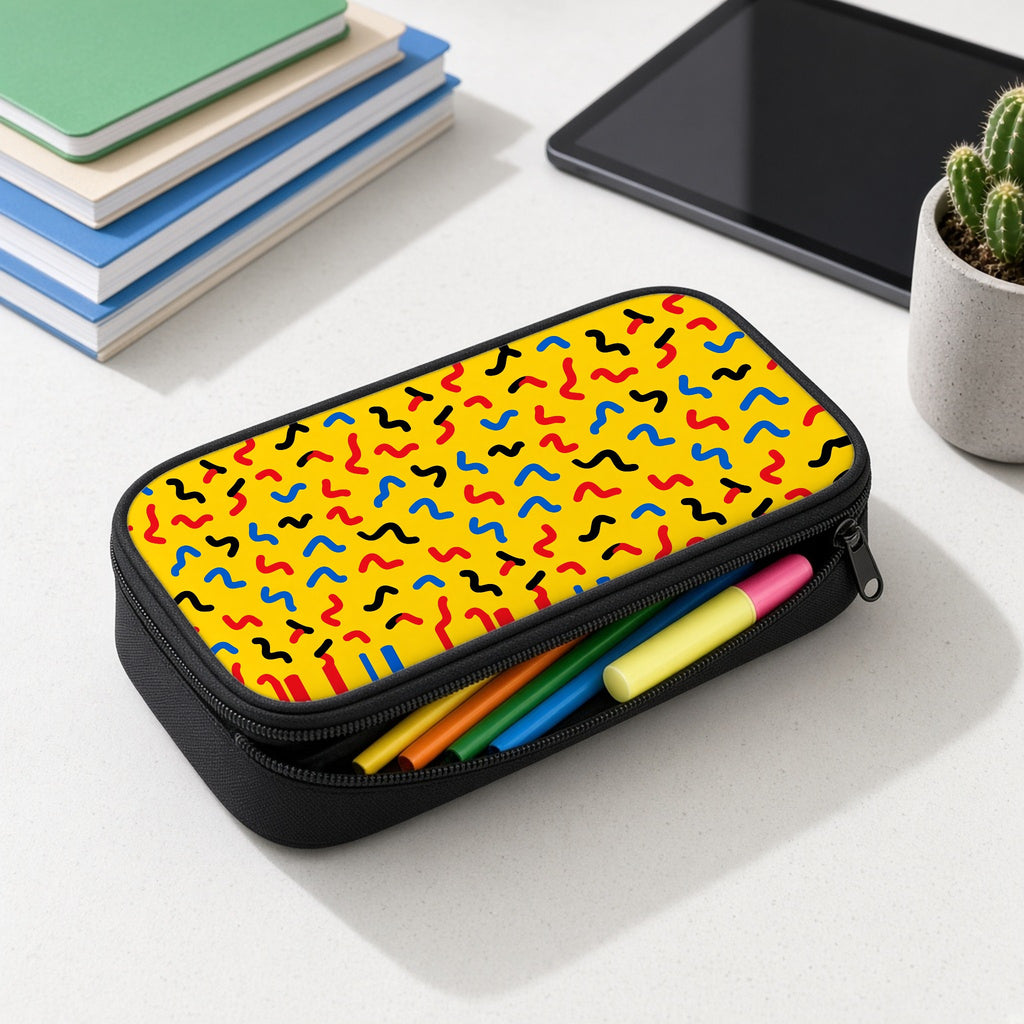 Squiggle Strokes Yellow pencil case open with colourful pens and highlighters on a white desk