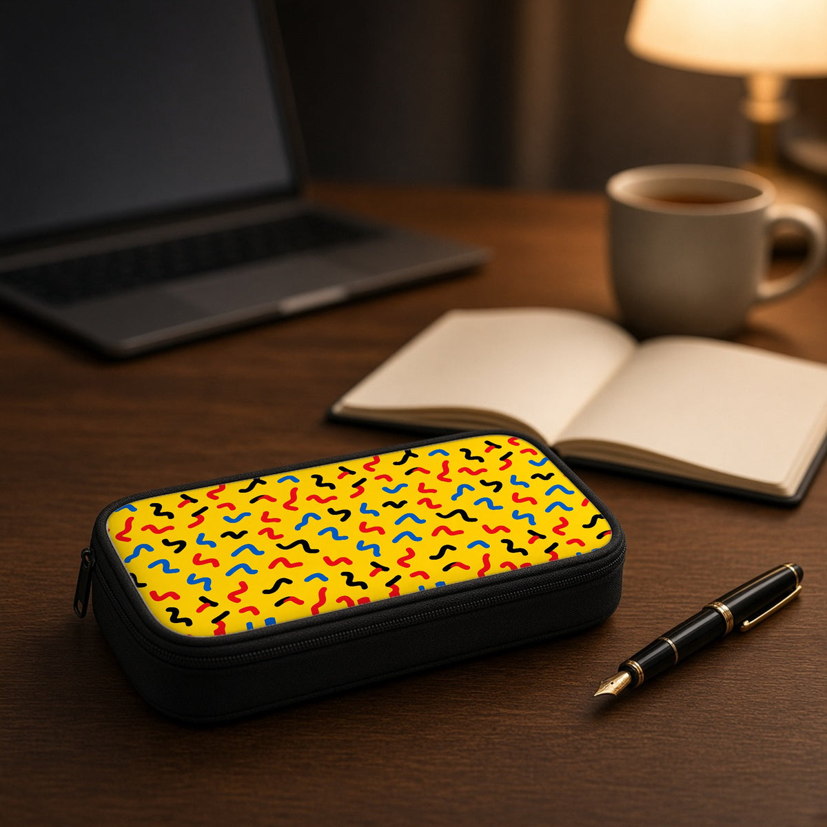 Squiggle Strokes Yellow pencil case on a wooden desk beside an open notebook and fountain pen