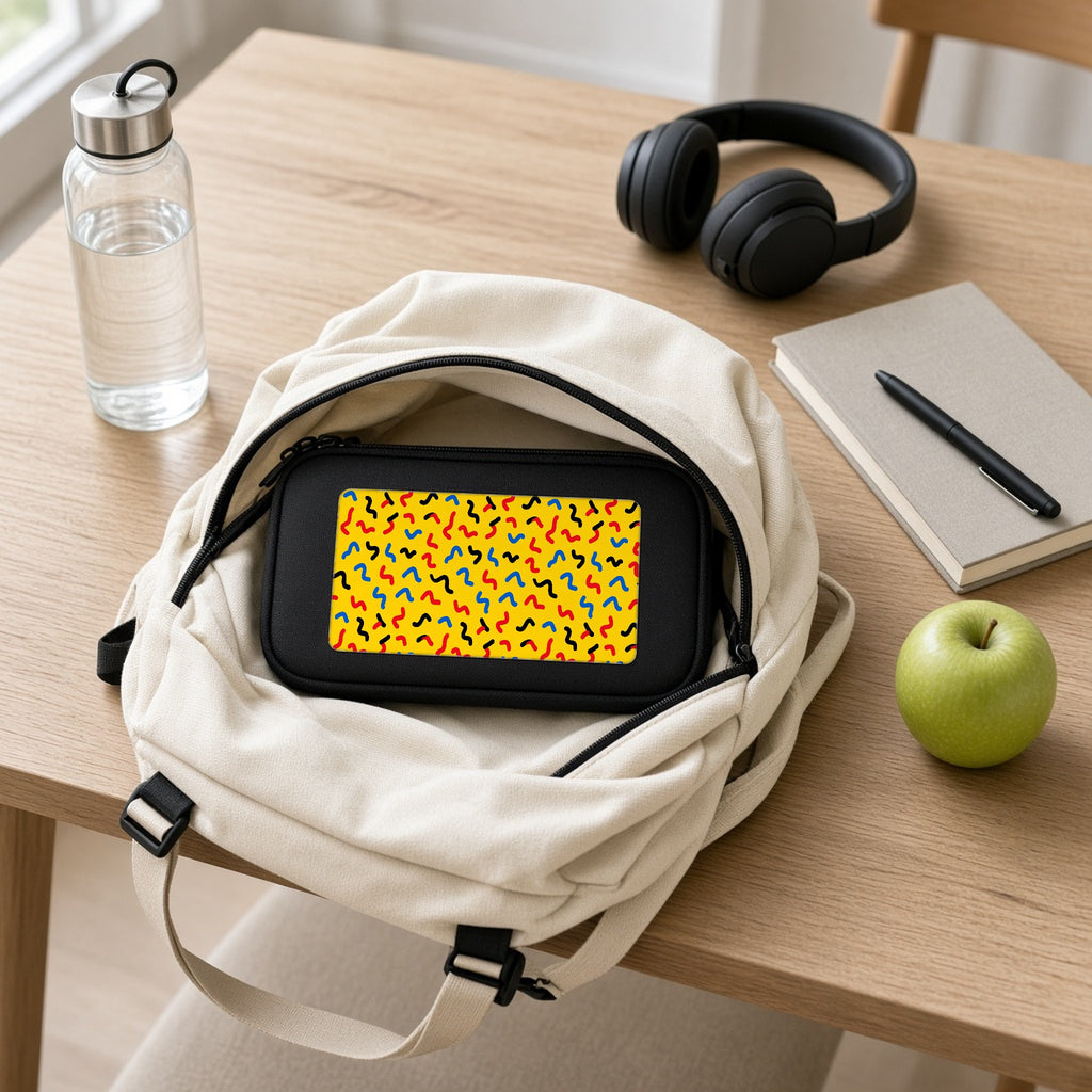 Squiggle Strokes Yellow pencil case packed in a school backpack with headphones and an apple
