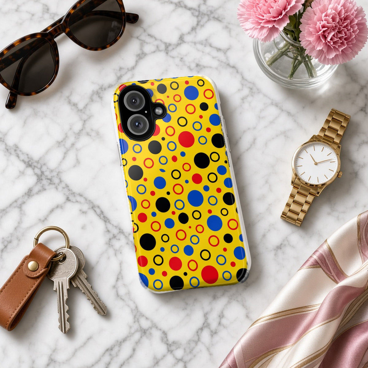 Bubble Outlines tough phone case on white marble with a watch, keys and sunglasses