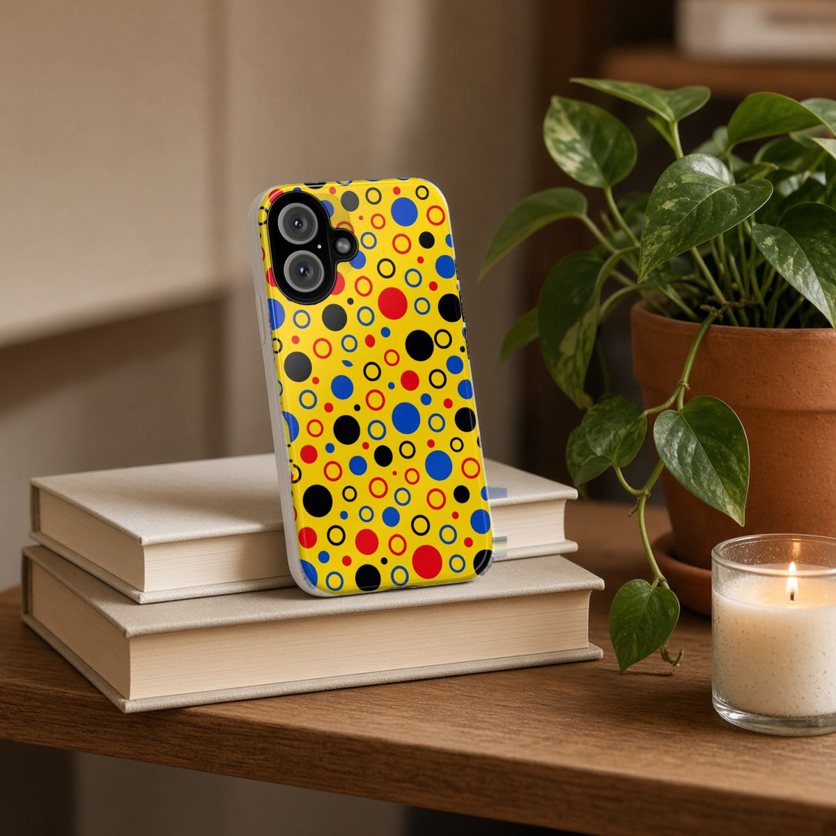 Bubble Outlines tough phone case propped on a stack of books beside a plant and candle