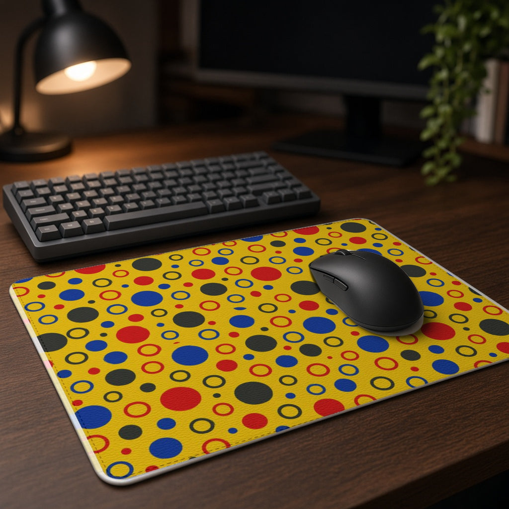 Bubble Outlines vegan leather mouse mat on a dark wood desk with keyboard and lamp