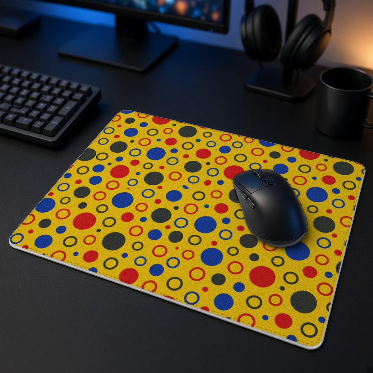 Bubble Outlines vegan leather mouse mat in a dark gaming desk setup with headphones