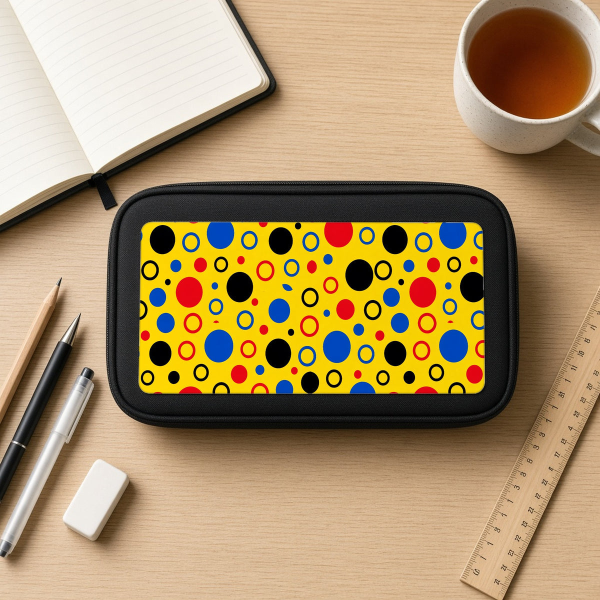 Bubble Outlines pencil case on a wooden desk with notebook, pens and a cup of tea