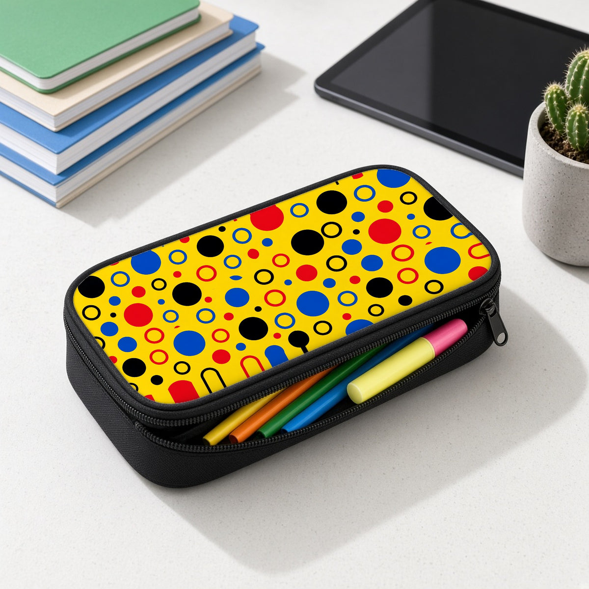 Bubble Outlines pencil case open with colourful pens and highlighters on a white desk