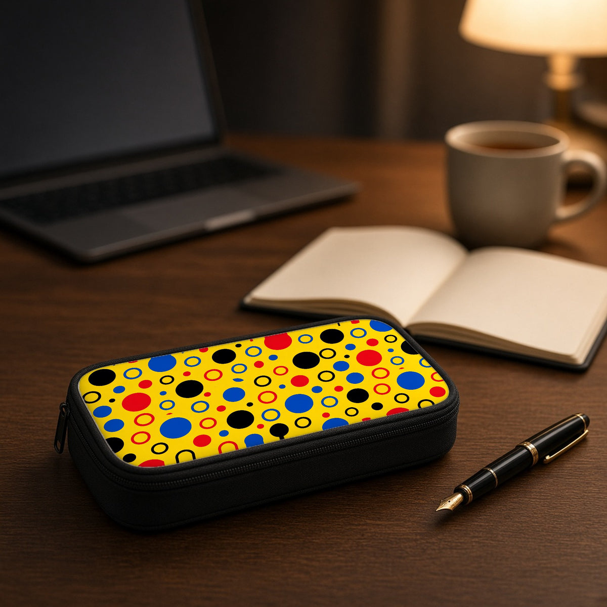 Bubble Outlines pencil case on a wooden desk beside an open notebook and fountain pen