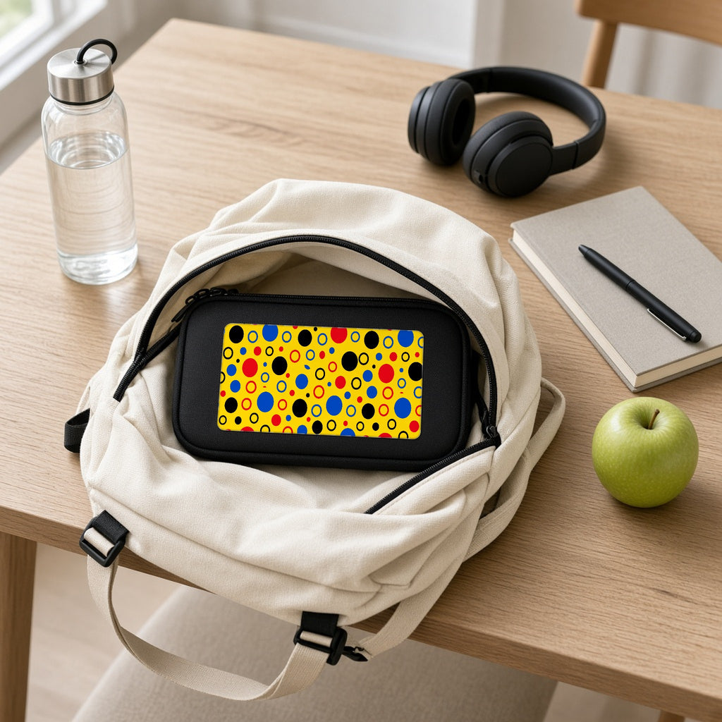 Bubble Outlines pencil case packed in a school backpack with headphones and an apple