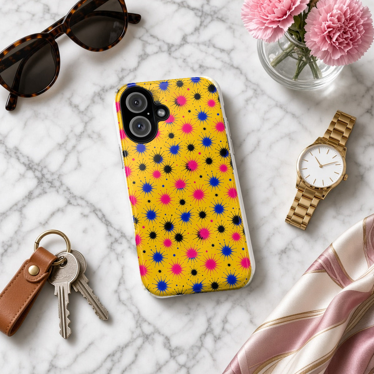 Splash Crowns tough phone case on white marble with a watch, keys and sunglasses