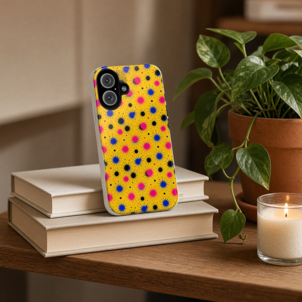 Splash Crowns tough phone case propped on a stack of books beside a plant and candle