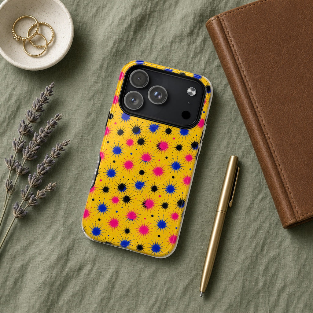 Splash Crowns magnetic iPhone case flat lay on sage linen with a notebook and pen