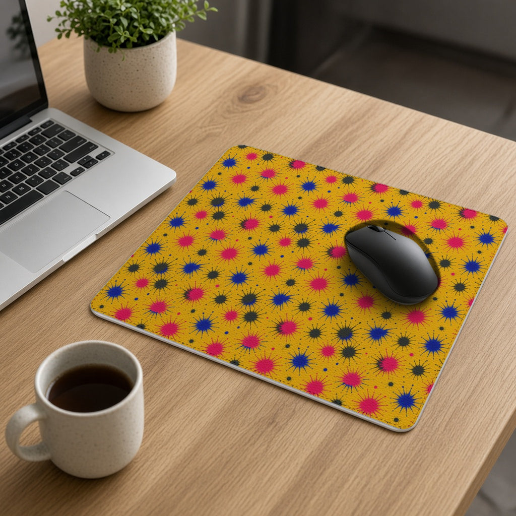 Splash Crowns vegan leather mouse mat on an oak desk with a laptop, mouse and coffee